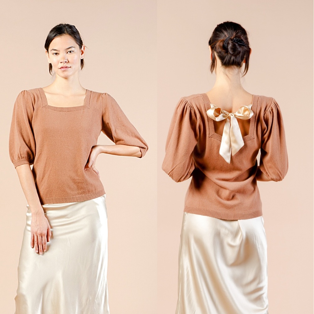 Puff Sleeve Cashmere Sweater w Silk Bow, Square Neck Knit, Silk Bow Tie Back - Picture 3 of 12